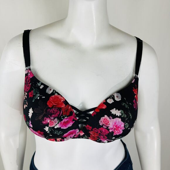 New Torrid Womans Sz 40DDD Push Up Plunge Bra Floral Underwire Black Pink NWT - Picture 11 of 11